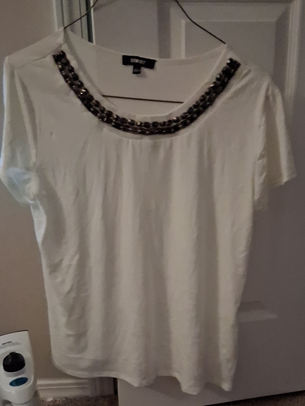 Elementz White Short Sleeve Top with Jeweled Neckline